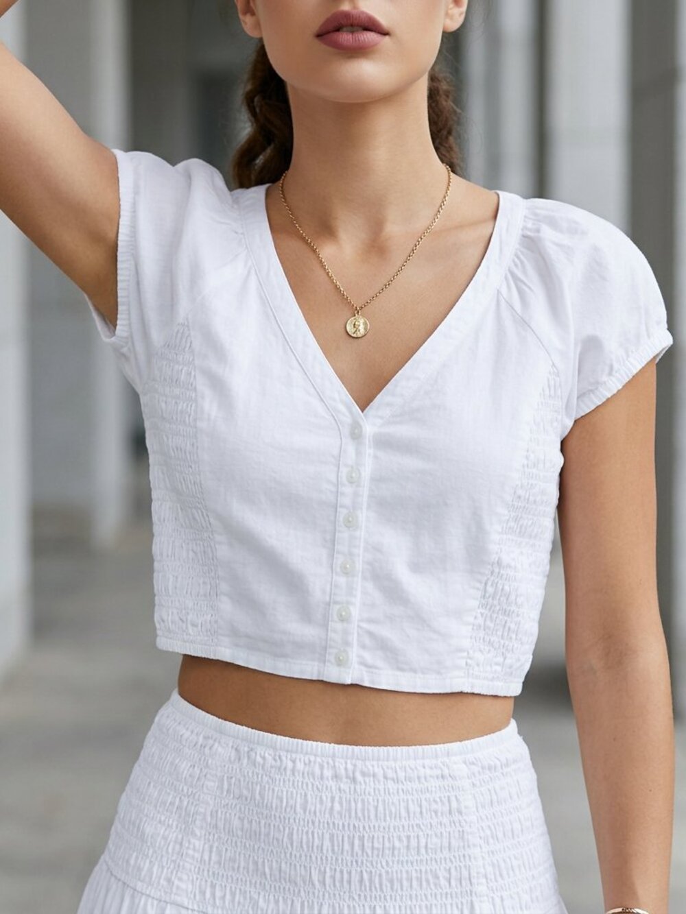 Madewell White Smocked Crop Top Size 2 Button Front NWT
